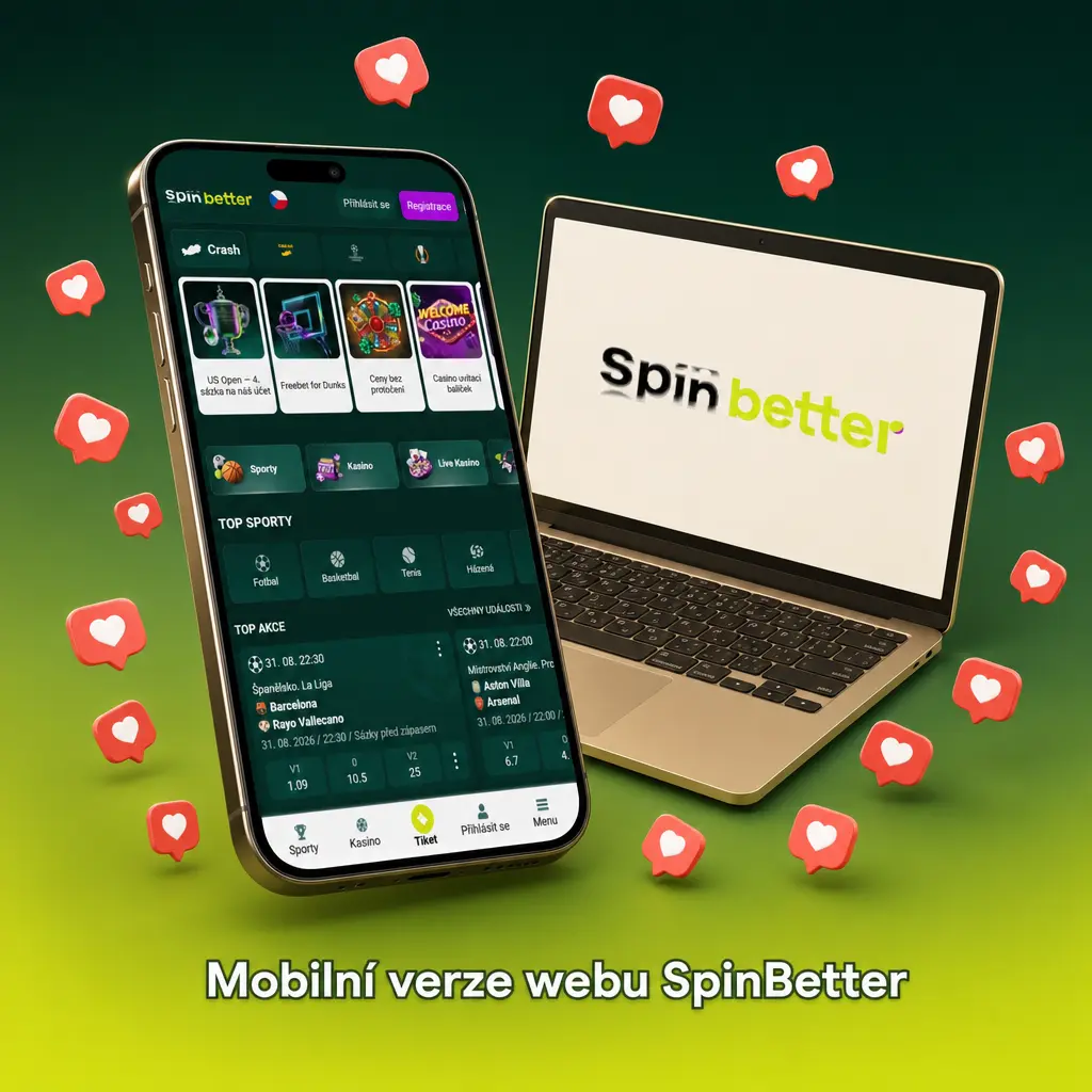 Mobilní verze webu SpinBetter přizpůsobená telefonu i tabletu s plnou nabídkou sportů, her a bonusů