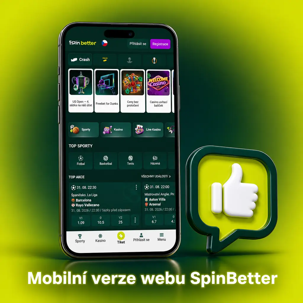 Mobilní verze webu SpinBetter pro chytré telefony a tablety se sázením, kasinem a live přenosy bez stahování aplikace