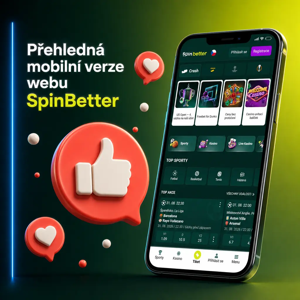 Přehledná mobilní verze webu SpinBetter v prohlížeči bez nutnosti instalace aplikace na telefon.