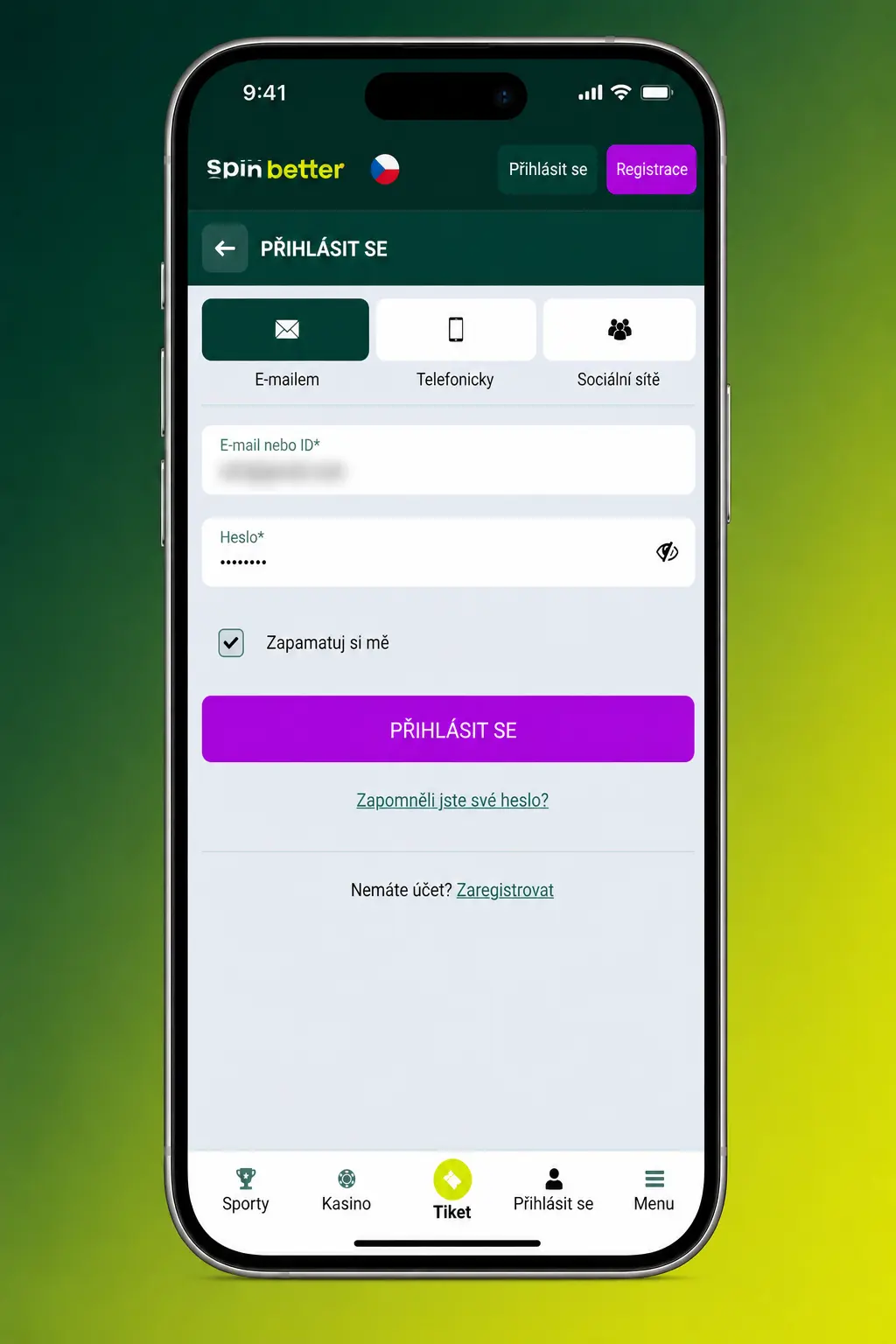 Přihlášení do SpinBetter přes mobilní aplikaci s podporou biometrického ověření