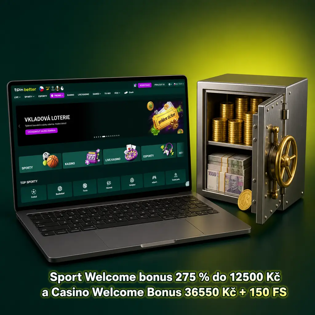 SpinBetter uvítací bonusy: Sport 275 % do 12500 Kč a Casino 36550 Kč + 150 FS na čtyři vklady