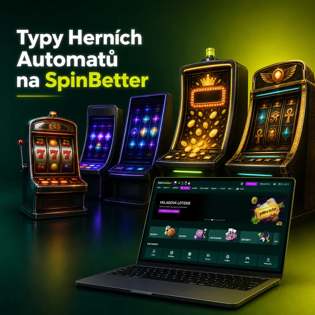 Přehled kategorií herních automatů na SpinBetter – klasické, video, jackpotové a Megaways sloty s ukázkami her.