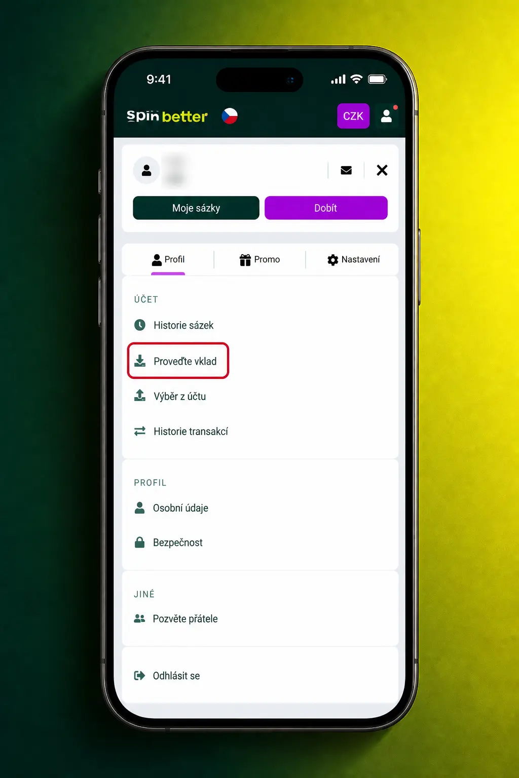 Návod na vklad přes aplikaci SpinBetter – výběr platby a zadání částky v mobilní appce