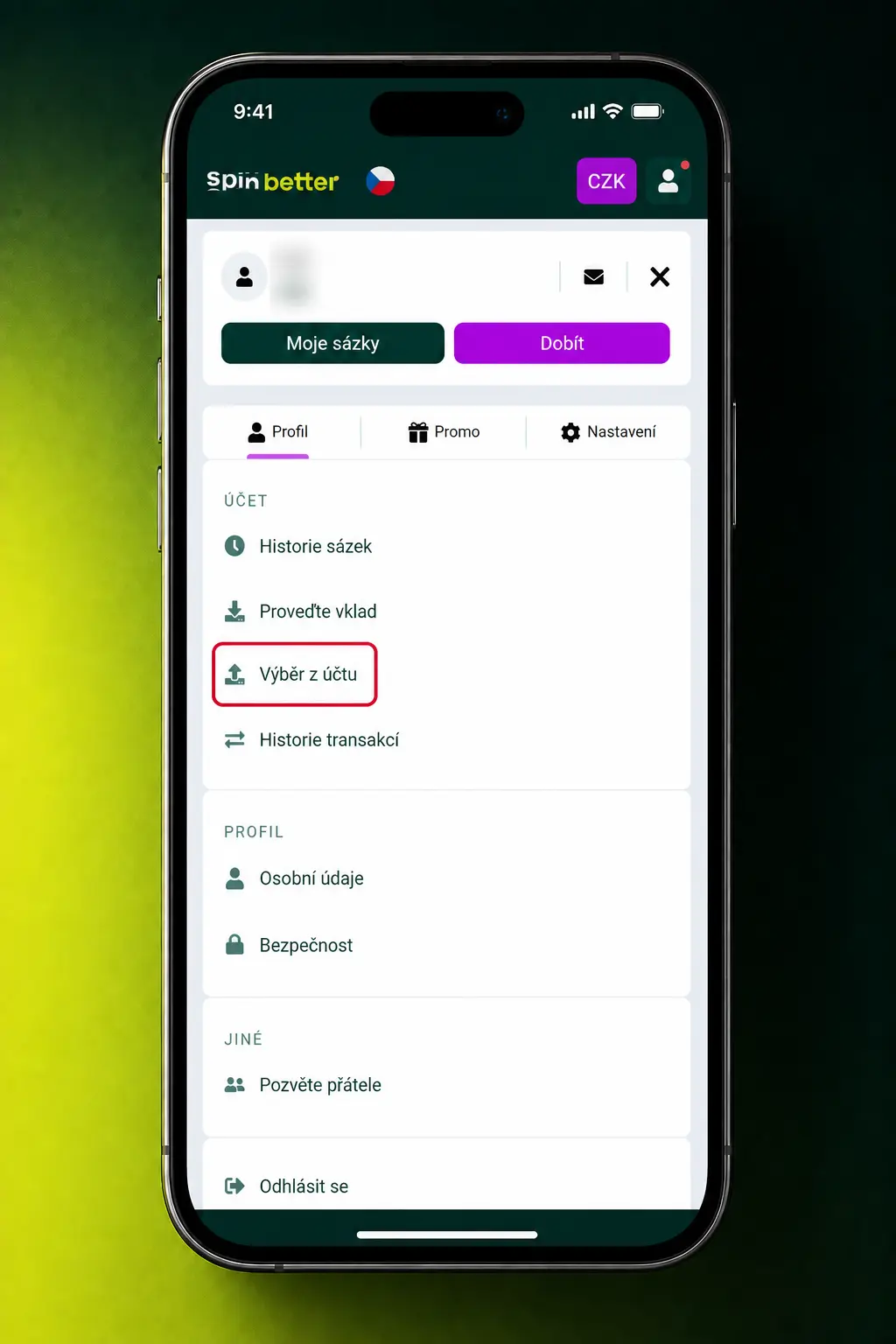 Výběr peněz v mobilní aplikaci SpinBetter krok za krokem s potvrzením žádosti